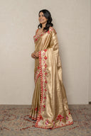 Gold Silk Tissue Saree With Red Floral Embroidered Border