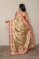 Gold Silk Tissue Saree With Red Floral Embroidered Border