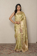Pistachio Green Silk Blend Saree With Traditional Patch Work