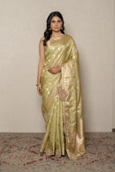 Pistachio Green Silk Blend Saree With Traditional Patch Work