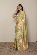 Pistachio Green Silk Blend Saree With Traditional Patch Work