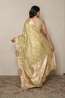 Pistachio Green Silk Blend Saree With Traditional Patch Work