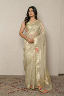 Light Pistachio Green Tissue Organza With Floral Applique