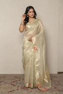 Light Pistachio Green Tissue Organza With Floral Applique