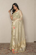 Light Pistachio Green Tissue Organza With Floral Applique