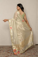 Light Pistachio Green Tissue Organza With Floral Applique