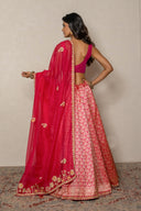 Cherry Pink Pure Banarasi Silk Ensemble with intricate Weave & Zardozi Border