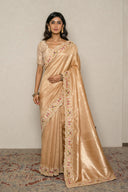Peach Gold Banarasi Silk Blend With Figure Embroidered Border