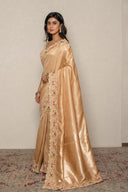 Peach Gold Banarasi Silk Blend With Figure Embroidered Border