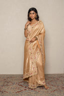 Peach Gold Banarasi Silk Blend With Figure Embroidered Border