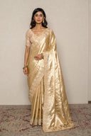 Golden Beige Silk Saree With Floral Embroidered Border