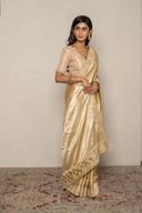 Golden Beige Silk Saree With Floral Embroidered Border