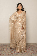 Champagne Gold Kora Saree with Floral & Boota Weave