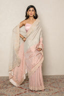Blush Pink & Silver Tissue Saree With Zardozi