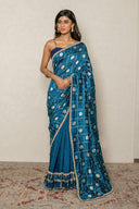 Teal Blue Zari Woven Frill Saree