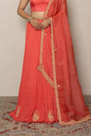 Coral Crushed Georgette Ghagra Set with Heavy Zardozi Work