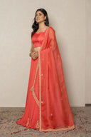 Coral Crushed Georgette Ghagra Set with Heavy Zardozi Work