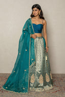 Teal green Banarasi Silk Ensemble with Zardozi & Resham Work