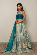 Teal green Banarasi Silk Ensemble with Zardozi & Resham Work