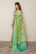 Green & Turquoise Handloom Silk Saree With Gold Zari Weaving