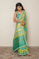 Green & Turquoise Handloom Silk Saree With Gold Zari Weaving
