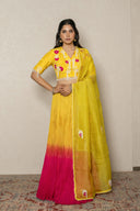 Yellow Pink Shaded Crushed Georgette Ensemble with Pearl Appliqué Work