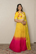 Yellow Pink Shaded Crushed Georgette Ensemble with Pearl Appliqué Work