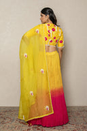 Yellow Pink Shaded Crushed Georgette Ensemble with Pearl Appliqué Work