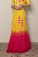 Yellow Pink Shaded Crushed Georgette Ensemble with Pearl Appliqué Work