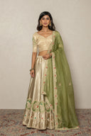 Olive Green Tissue Ghagra Set with peacock motifs