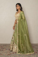 Olive Green Tissue Ghagra Set with peacock motifs