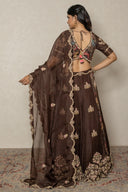 Chocolate Brown Organza Ensemble with Banarasi Pichhwai print blouse