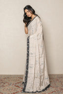 Elegant Silver Shimmer Tissue Saree With Black Chekered Border