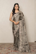 Metallic Grey Tissue Saree with Intricate Floral Embroidery