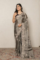 Metallic Grey Tissue Saree with Intricate Floral Embroidery
