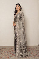 Metallic Grey Tissue Saree with Intricate Floral Embroidery