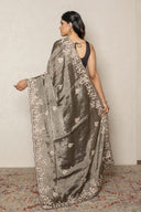 Metallic Grey Tissue Saree with Intricate Floral Embroidery