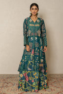 Teal blue Printed Bustier & Pant Set with Organza Long jacket
