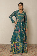Teal blue Printed Bustier & Pant Set with Organza Long jacket