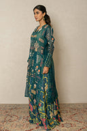 Teal blue Printed Bustier & Pant Set with Organza Long jacket
