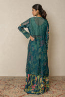 Teal blue Printed Bustier & Pant Set with Organza Long jacket
