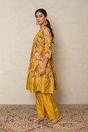 Yellow pichhwai Printed pleated Kurta with Zardozi Work