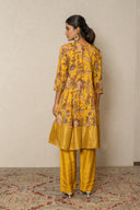 Yellow pichhwai Printed pleated Kurta with Zardozi Work