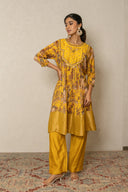 Yellow pichhwai Printed pleated Kurta with Zardozi Work