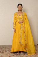 Turmeric Yellow Silk & Crushed Georgette Long Dress with Zardozi Work