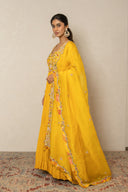 Turmeric Yellow Silk & Crushed Georgette Long Dress with Zardozi Work