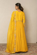 Turmeric Yellow Silk & Crushed Georgette Long Dress with Zardozi Work