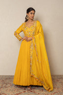 Turmeric Yellow Silk & Crushed Georgette Long Dress with Zardozi Work