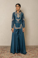 Teal blue plazo Pant Set with Organza Overlay and Zardozi Work