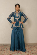 Teal blue plazo Pant Set with Organza Overlay and Zardozi Work